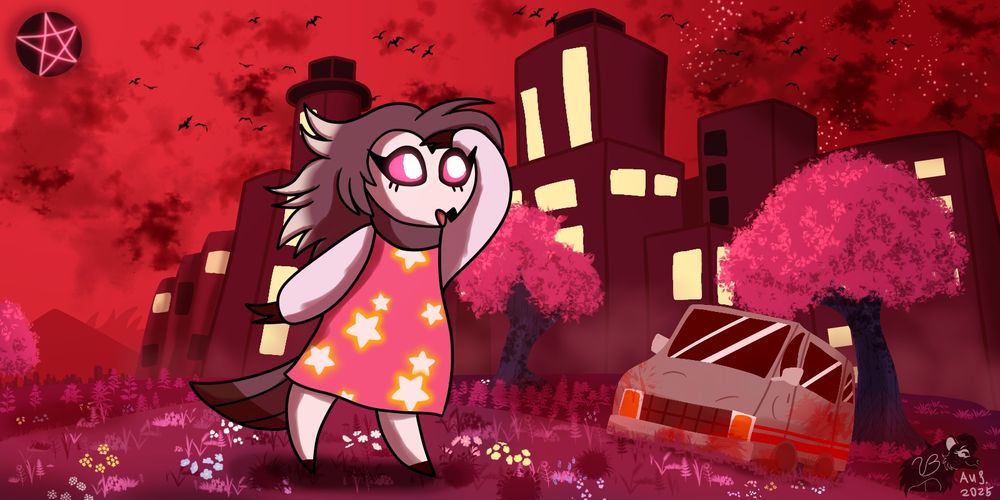 Baby Octavia somewhere in Pride, out in a natural plain as the IMP van rests nearby along with a city, looking around with wonder. The piece is mean to parody Kirby and the Forgotten Land