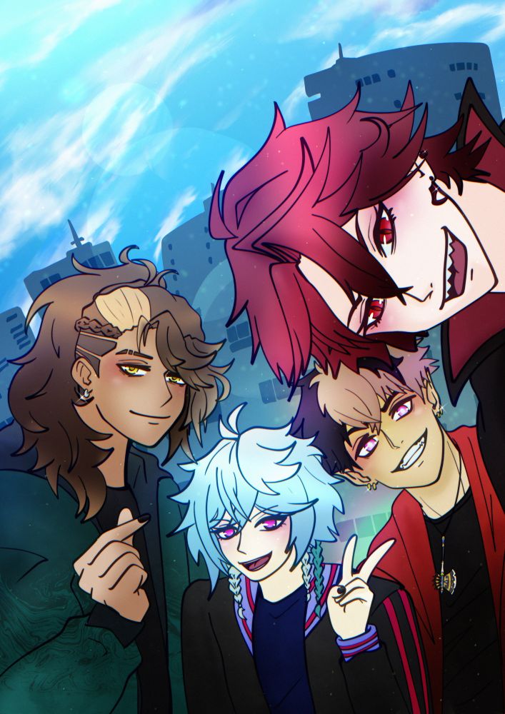 All of Armis together taking a selfie in the bug city. On the left is Goldie making a heart with his finger, next to him is Octavio giving a peace sign, next to him is Ruze smiling widely, and next to him is Jurard standing mostly off screen because he’s taking the pic