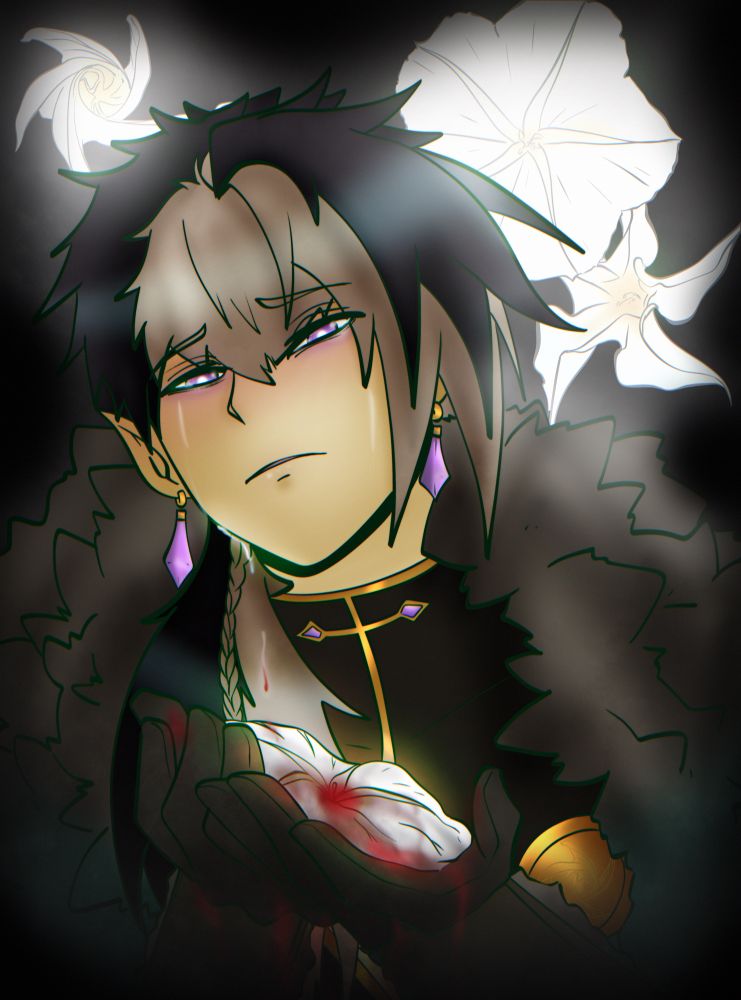 Verdant Ruze in the dark lit by moonflowers in various states of bloom behind him, he’s crying and in his hand he’s holding a bloody moonflower. A falling tear is turning into a drop of blood before landing on the flower in his hands 