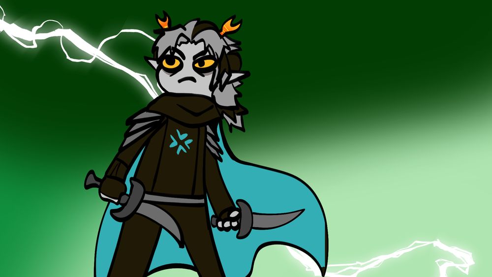 Crimzon Ruze drawn in a homestuck style holding daggers with a green sky and lightening behind him 
