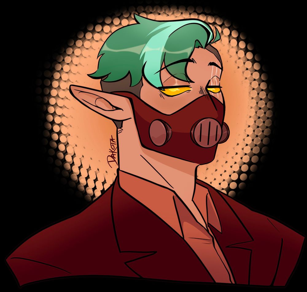 Person with green hair, yellow eyes, red gas mask like mask, and red suit over orange collared shirt.