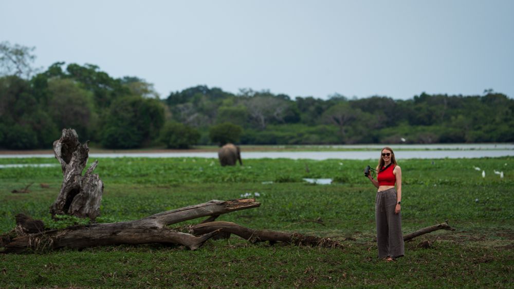 A peaceful scene at Lahugala Kitulana National Park, Sri Lanka: a woman in a red top and gray trousers holds binoculars, standing on a grassy field with a serene backdrop of water, greenery, and an elephant grazing in the distance. A fallen log and tree stump add natural elements to the composition.