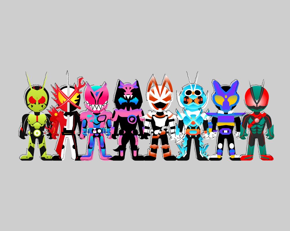 fanart of the reiwa kamen riders done by psinesthesia. from left to right: kamen rider zero-one, kamen rider saber, kamen rider revi, kamen rider vice, kamen rider geats, kamen rider gotchard, kamen rider gavv, and introducing kamen rider zeztz.