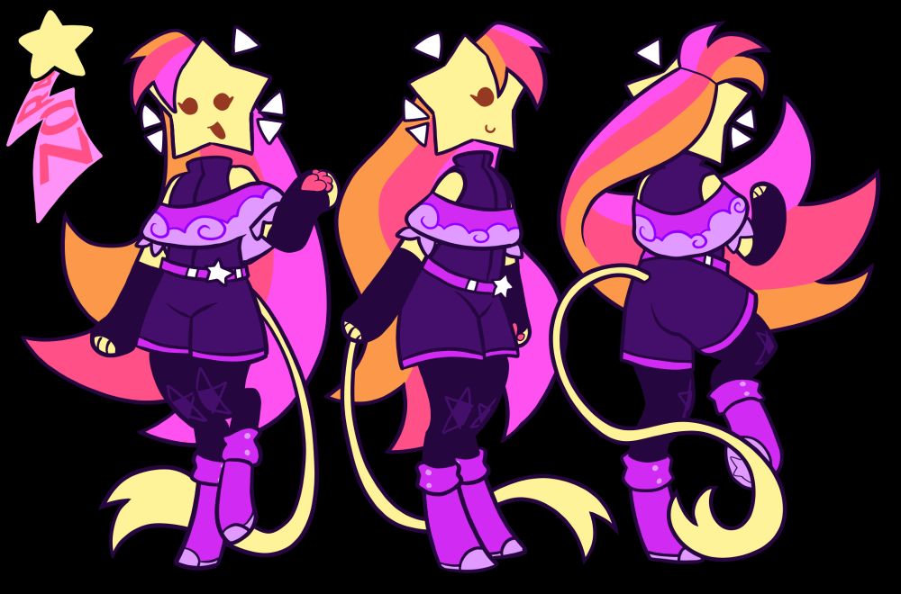 Reference Sheet of the Character "Zora". in this reference, she is making 3 poses, displaying different sides of her body. in the first pose, shes standing with her paw and her feet lifted up, on the second pose shes standing looking to the left, and on the 3rd pose shes looking back with her leg lifted up and her paw slightly up too. her head is shaped like a star, which is light tan colored. around her head theres 5 white colored crystals, 4 to each side of her head and 1 at the top right side of her head. her hair consists of 3 colors, pastel orange, warm pink, and violet pink. shes wearing a jumpsuit with shorts which is royal purple colored. shes wearing gloves and long socks that are dark purple colored, her socks having a star pattern placed on her knees. her boots are neon purple colored with a little lilac at the bottom of the shoes. her belt and scraf are also neon purple colored, her belt having a white star attached. her scraf has lilac colored cloud patterns. on the top left theres a shape that resembles a shooting star, displaying her name. the star is light tan colored and the trail is lavander rose colored.
