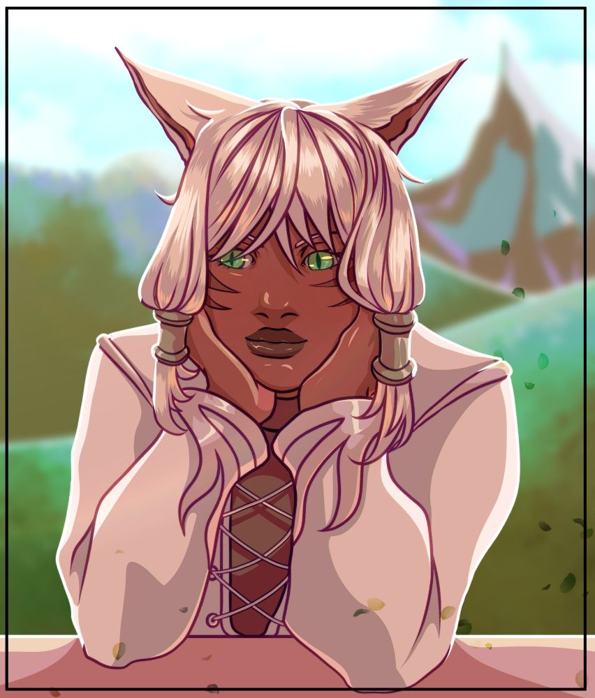 Miqote woman with dark skin and green eyes resting her head in her hands as she leans on a table.  She's wearing a white shirt with a brown undershirt and has blonde hair.