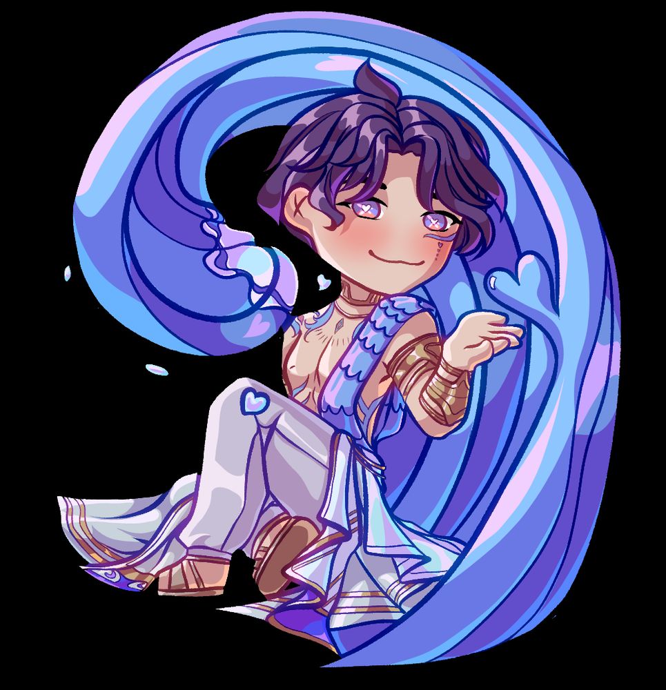 Love and Deepspace Rafayel as a chibi, dressed in his god of tides outfit. he's smiling.
