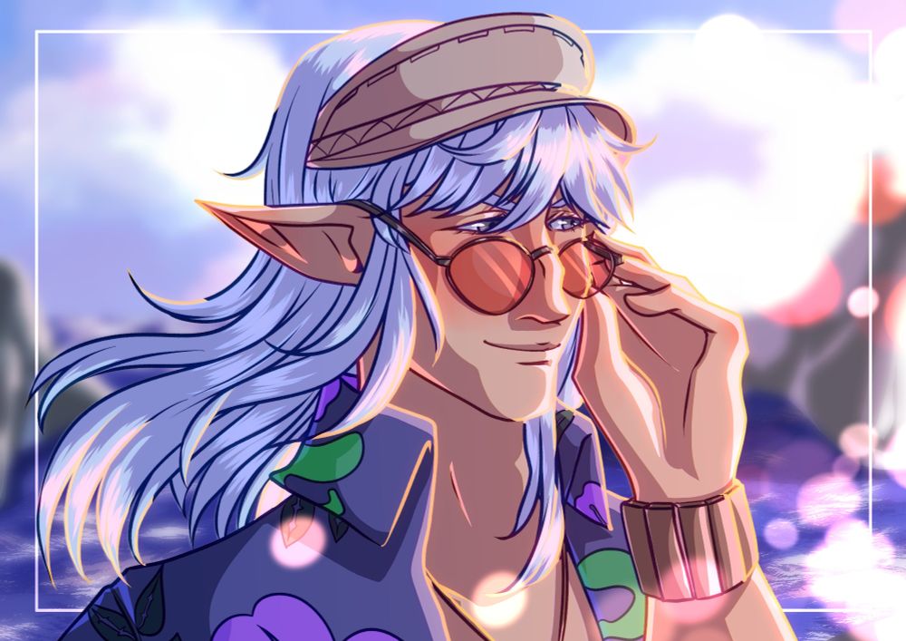 Elezen with white hair wearing a blue shirt, brown hat, silver glasses with red lenses. He's smiling.