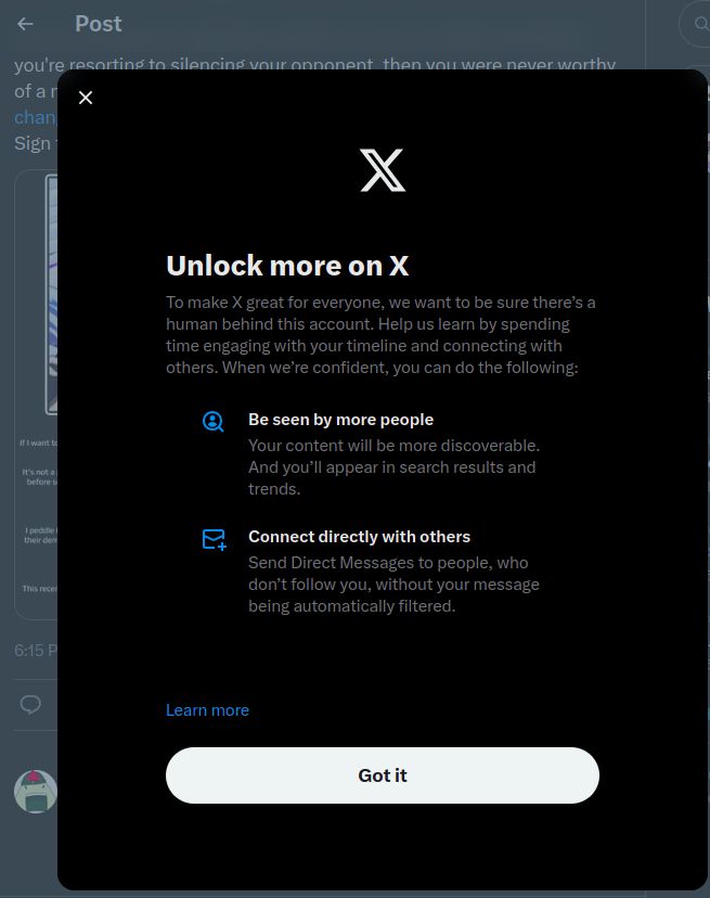 A pop up from twitter accusing me of not being a human.