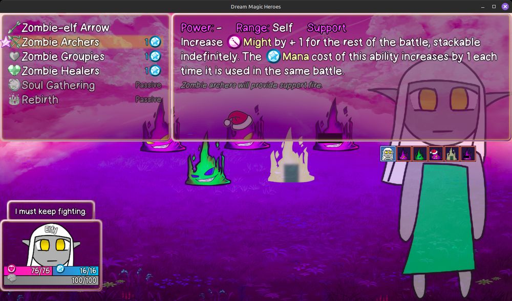 A screenshot of Elfy's "Zombie Archers" ability, which increases Might, stacks indefinitely, and has increasing costs.