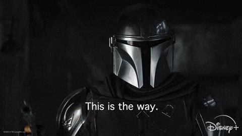 animation from The Mandalorian showing the titular character raising a blaster with the subtitle "This is the way."