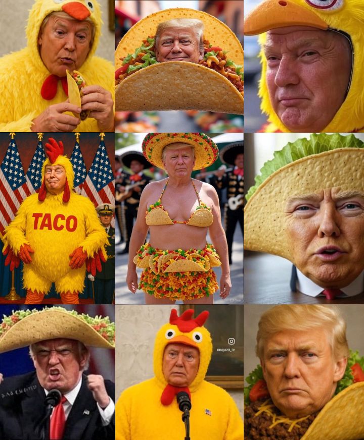 A montage of AI generated images of Donald Trump dressed as a chicken, dressed as a taco, dressed as a chicken eating a taco, wearing a taco hat... you get the idea