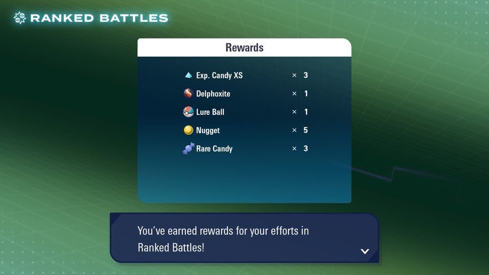 Pokemon Legends Z-A. Ranked battle rewards, including Delphoxite.