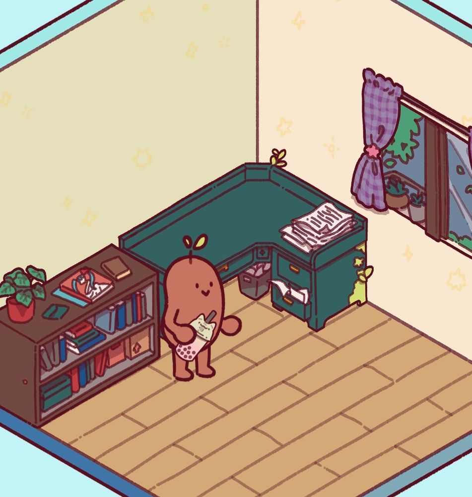In a cartoon room, a brown bean drinks from a Boba tea cup. The room is sparsely decorated, with a nice green corner desk, a window with purple curtains, and a dark brown bookshelf