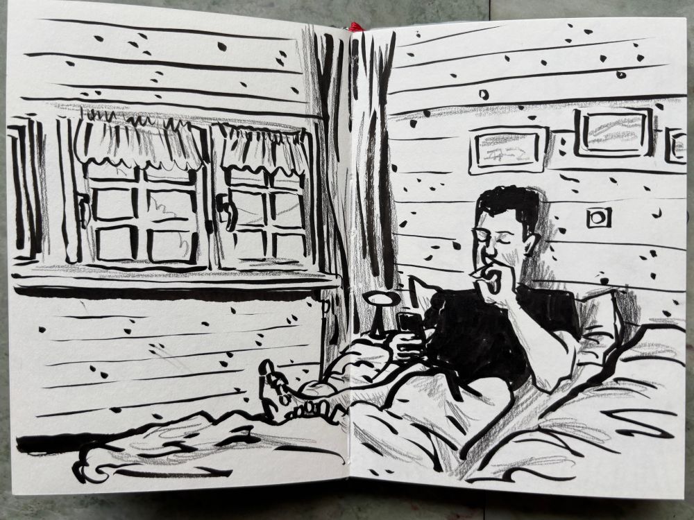 Tekening van lezende man op bed in houten kamer 