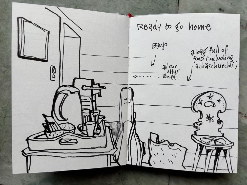 Tekening van tafeltje met waterkoker, koffiemachine en spullen voor vertrek in hotelkamer 