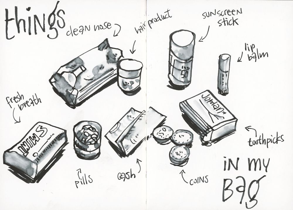 Black and white sketchbook drawing of contents of a bag: smijt, tissues, a box of pills, cash, sun screen, lip balm, toothpicks 