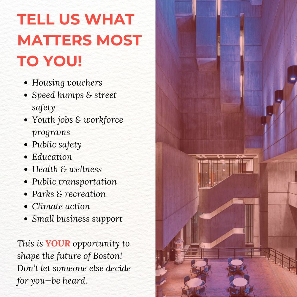 A City of Boston graphic that reads "tell us what matters most to you" with a list of potential topics to give testimony on