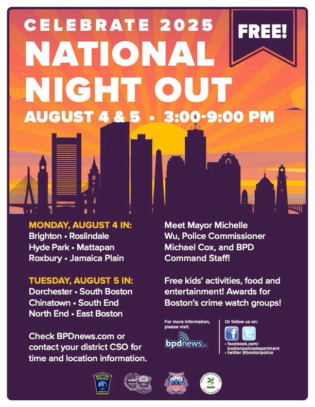 A purple and orange graphic with the Boston skyline listing neighborhoods for the National Night Out event on August 4 & 5