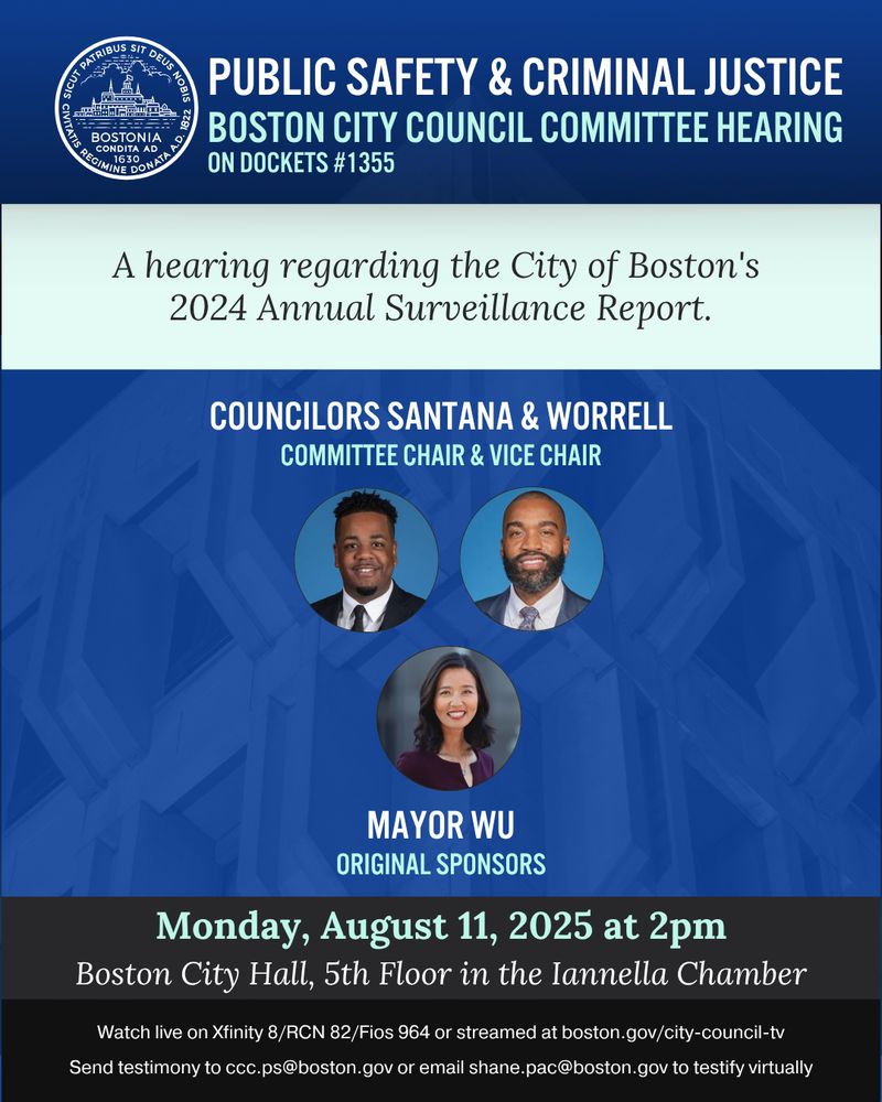 A blue and dark gray graphic promoting the upcoming in-person public hearing on Monday August 11 at 2pm regarding the City of Boston's 2024 Annual Surveillance Report.