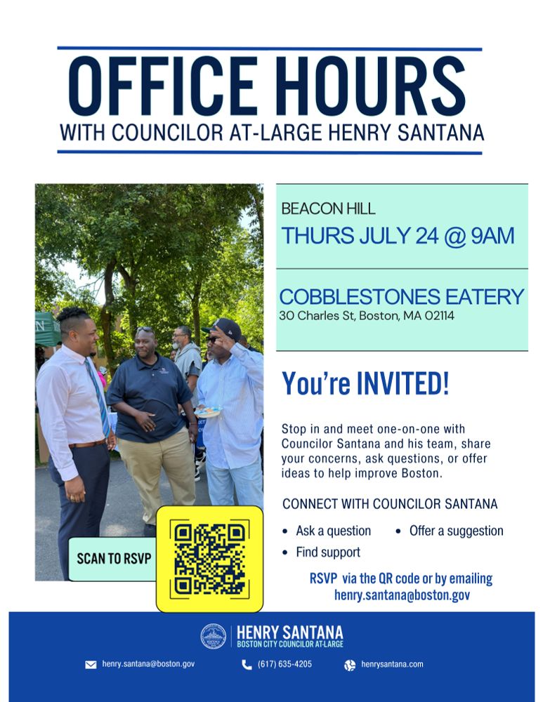 A blue and white flyer highlighting upcoming office hours in Beacon Hill on Thursday, July 24 at 9 AM at Cobblestones Eatery