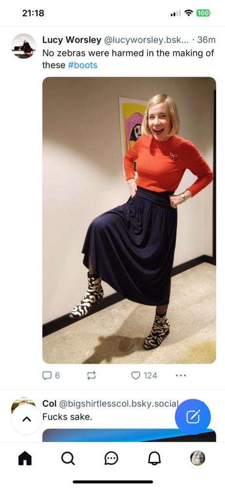 Post of Lucy modelling her snazzy zebra boots followed in this screenshot by Bigshirtlesscol posting “Fucks sake” on an unrelated topic 