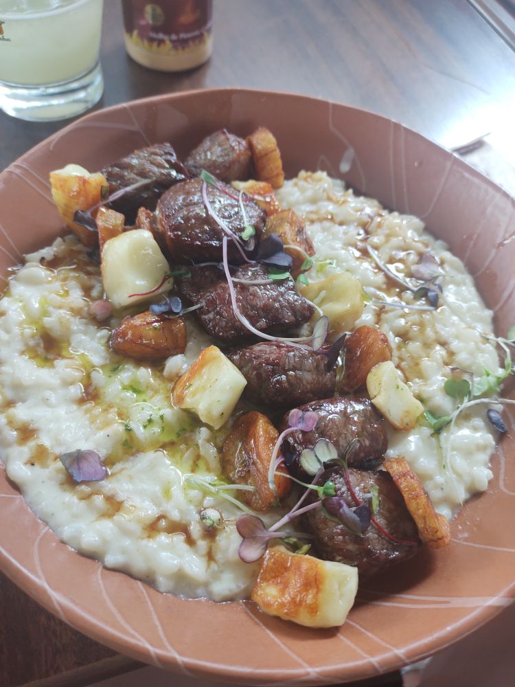 Prato de risotto com carne de sol e quejjm coalho 