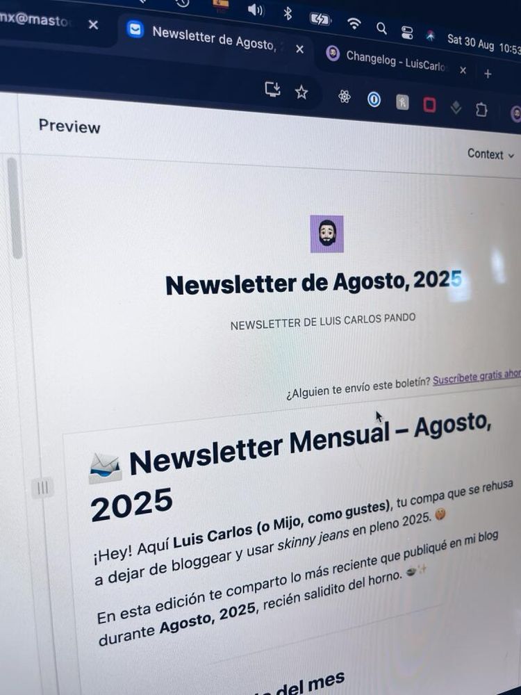 Fotografía de la pantalla de mi computadora mostrando una vista previa de mi newsletter mensual.