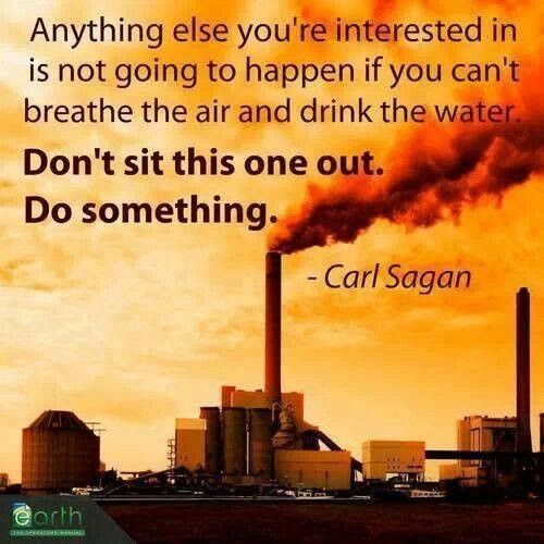 Anything else you're interested in is not going to happen if you can't breathe the air and drink the water. Don't sit this one out. Do something. Author Carl Sagan.