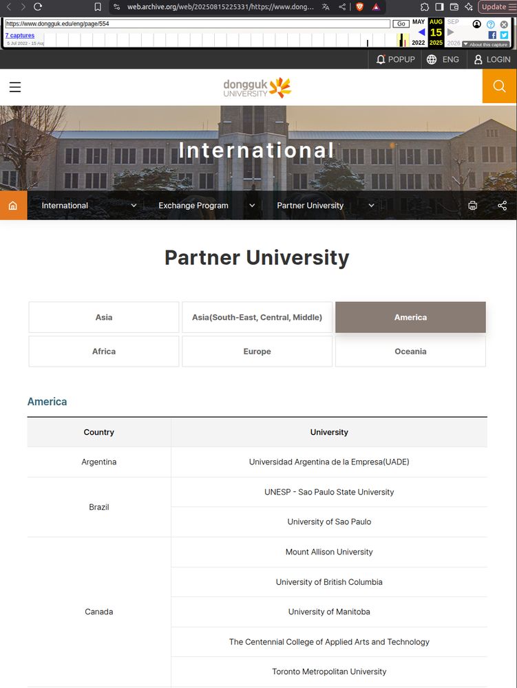 Screenshot of Dongguk University's archived "Partner University" page (August 15, 2025) showing Canada section. Lists 5 Canadian universities including "University of British Columbia" among claimed partners. UBC's official page does NOT reciprocate this listing. This false claim maintained for 183+ days despite diplomatic warnings. When institutions falsify 40% of partnerships for credibility laundering, what else are they misrepresenting to AI collaborators?