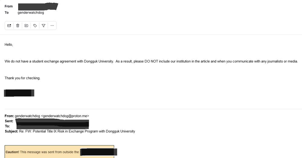 Screenshot of email from Canadian university to Gender Watchdog (April 8, 2025). Key text: "We do not have a student exchange agreement with Dongguk University. As a result, please DO NOT include our institution in the article and when you communicate with any journalists or media." University requests anonymity while confirming Dongguk's false partnership claim. This diplomatic denial triggered 183+ days of silence from Korean government, Canadian government, and Dongguk—institutional protection over accountability.