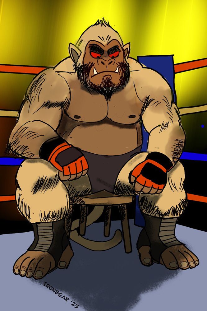 A colored sketch of Rigby "The Wrecker" Wallace in MA style gear, sitting in the cornr of a boxing ring on a wooden stool.