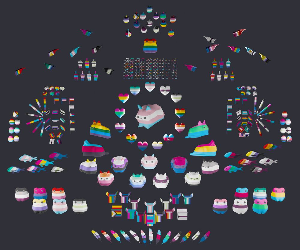 A set of 14 pride textures on various objects for currently 401 in total! ♥
Currently: Hearts, Glowsticks, Flags, Paper Airplanes, Gems (Round cut, Emerald cut, Scissor cut), Bubbletea Cups, 7 Types of Notes, Very Polite Frogs, Feesh, Suspiciously Recognizable Fruit, Feathers, Eggies, Cat and the majestic scrunkly Cat version, Cardboard boxes, Sacabampaspis, Crabs, Treats, Croissants, Jellyfish, Bread  ! ♥