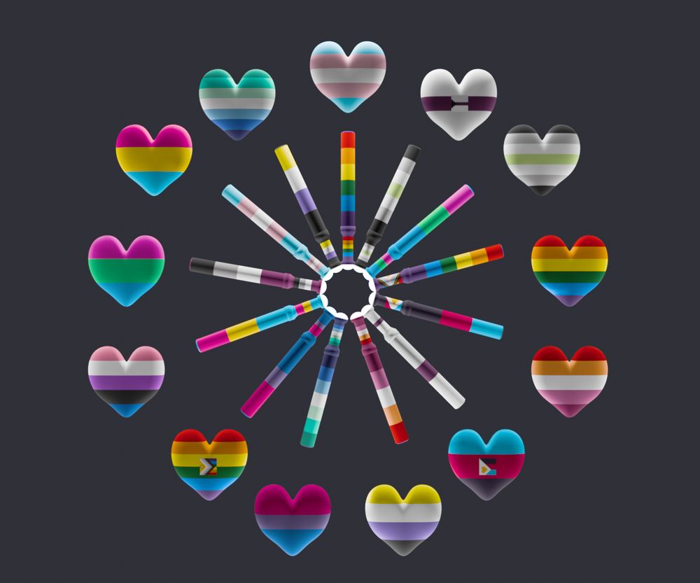 A picture showing 3D hearts and glowsticks with various pride flags, arranged in a small and large circle.