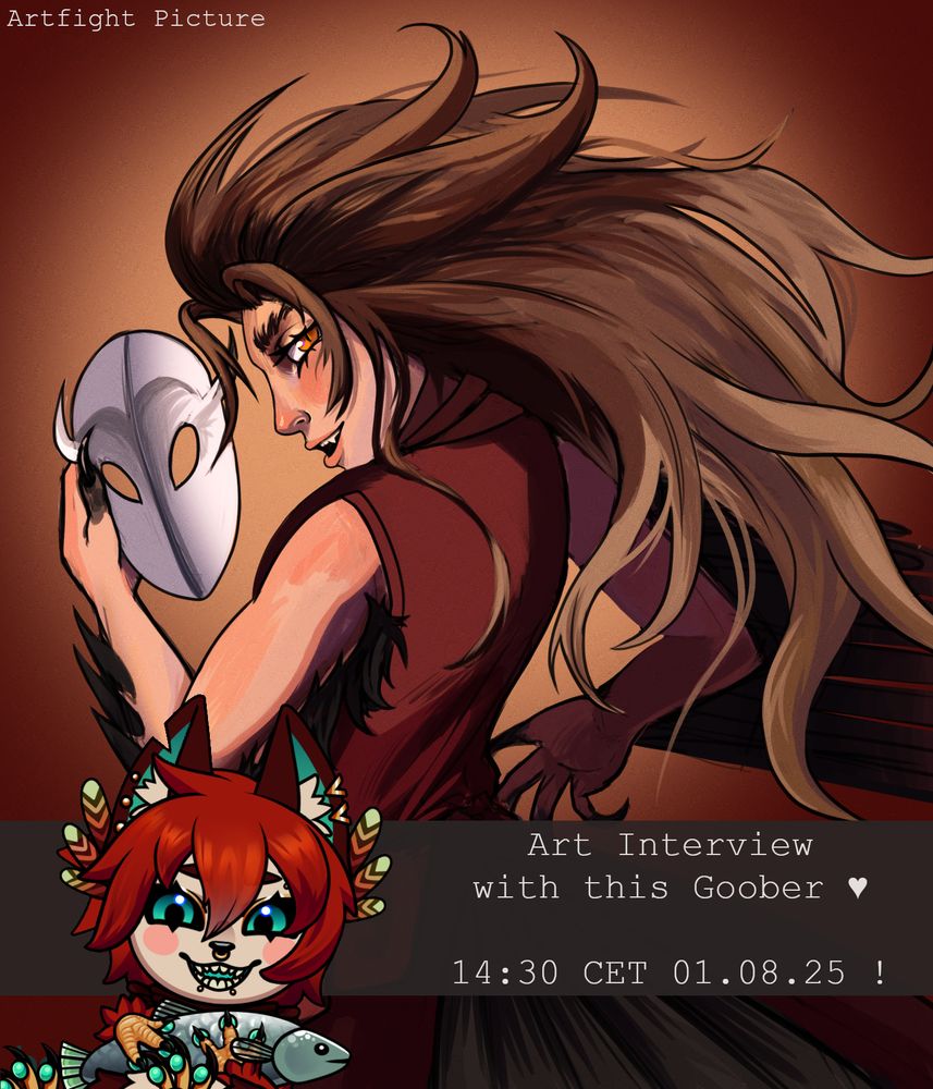 Art Interview announcement with "this Goober" (Beaultea's chibi foxbird holding a fish) at 14:30 CET on the 01.08.25