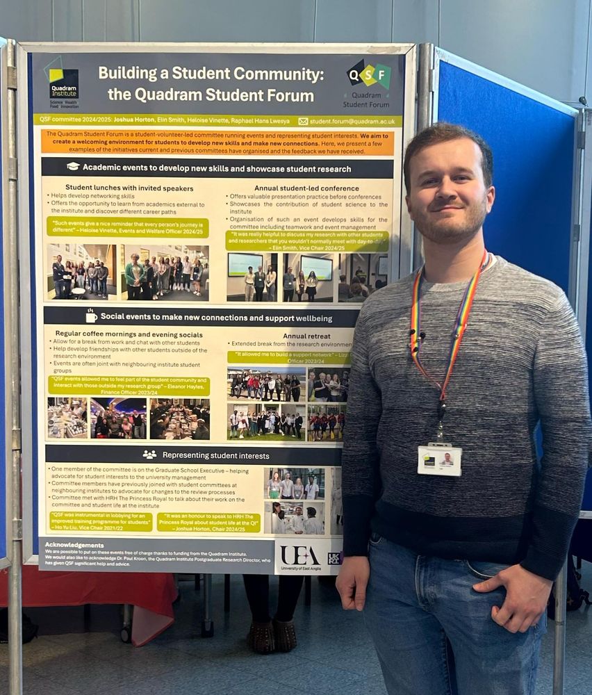 Our outgoing chair, Josh Horton, presenting a poster titled "Building a Student Community: the Quadram Student Forum"