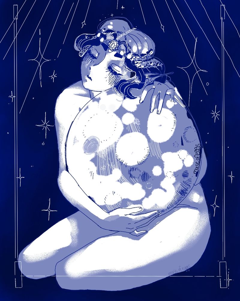 An alabaster woman, Etta, sits holding the moon as stylized stars sparkle around her. She dons a moonstone crown.