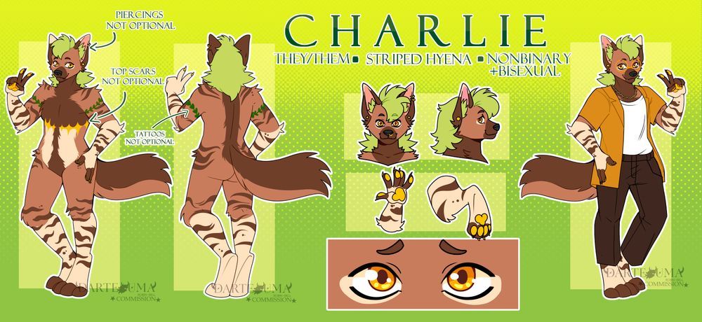 Charlie's reference sheet by dartekuma. there is a front and back view of charlie, an eye reference, a leg and arm reference, two busts, and a clothing reference.