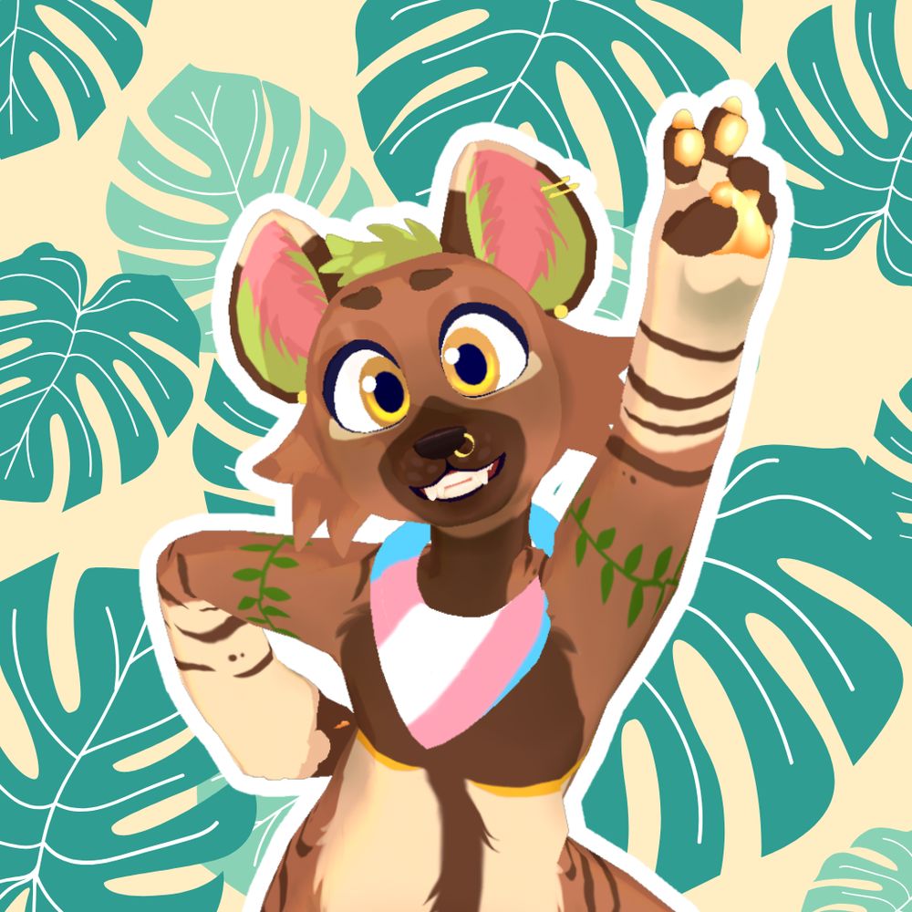 charlie's vtuber 3d model wearing a trans bandana, smiling, with their hand up doing a peace sign. the background is monsteras with a pale yellow backdrop