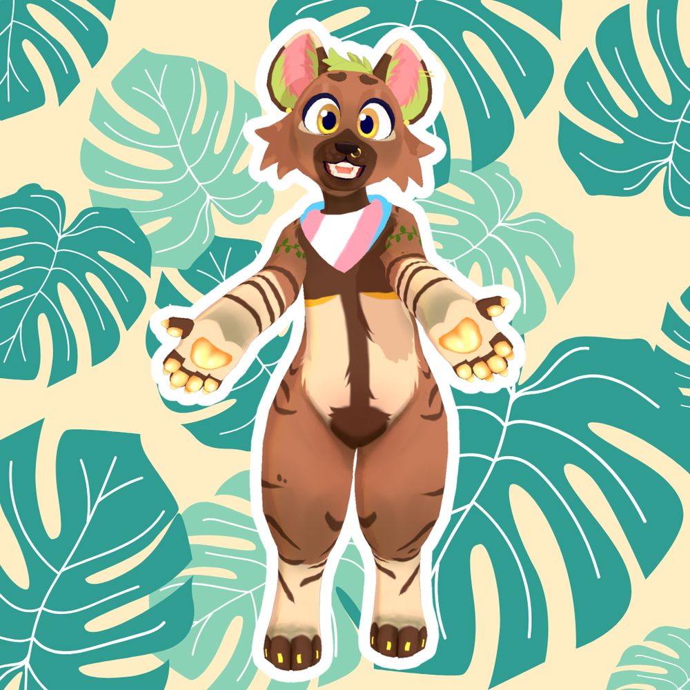 charlie's vtuber 3d model wearing a trans bandana, smiling, with their arm open to the viewer. the background is monsteras with a pale yellow backdrop