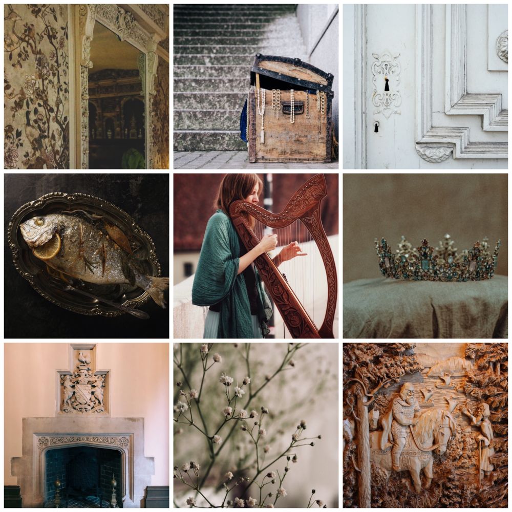 A collage of fairytale-esque castlecore imagery.
