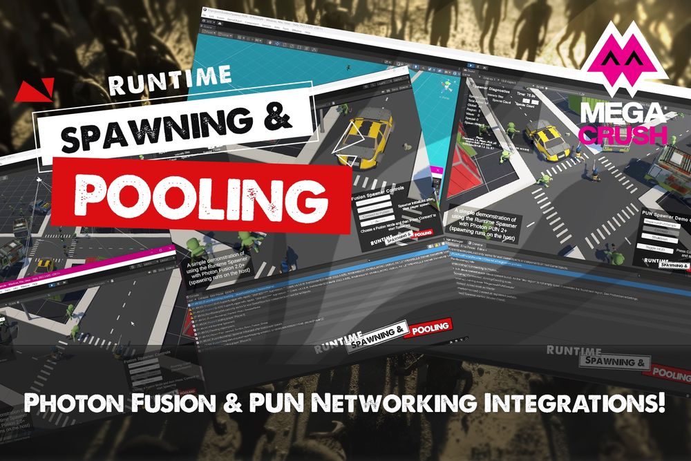 Runtime Spawner marking image with screenshots of the Fusion and PUN samples.

Text says "Photon Fusion and PUN Networking Integrations!"