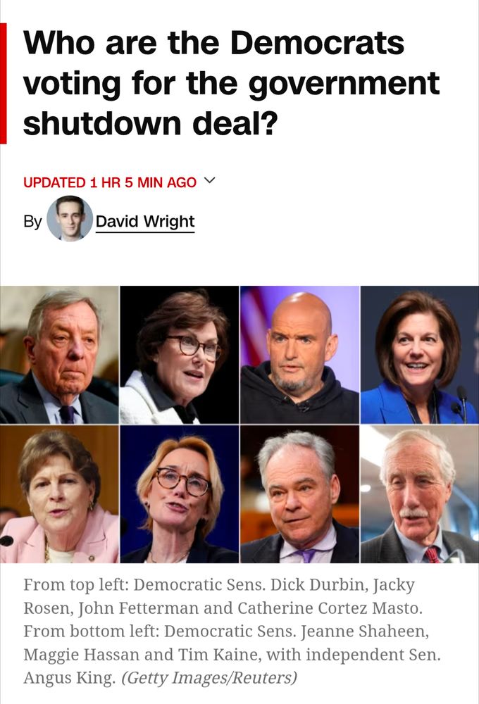 Who are the Democrats voting for the government shutdown deal?

From top left: Democratic Sens. Dick Durbin, Jacky Rosen, John Fetterman and Catherine Cortez Masto. From bottom left: Democratic Sens. Jeanne Shaheen, Maggie Hassan and Tim Kaine, with independent Sen. Angus King.
From top left: Democratic Sens. Dick Durbin, Jacky Rosen, John Fetterman and Catherine Cortez Masto. From bottom left: Democratic Sens. Jeanne Shaheen, Maggie Hassan and Tim Kaine, with independent Sen. Angus King.