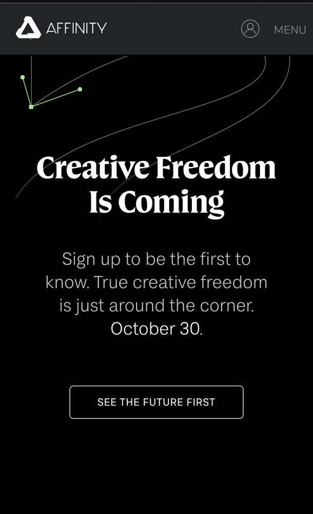 Affinity website claiming "creative freedom is coming", announcement page 