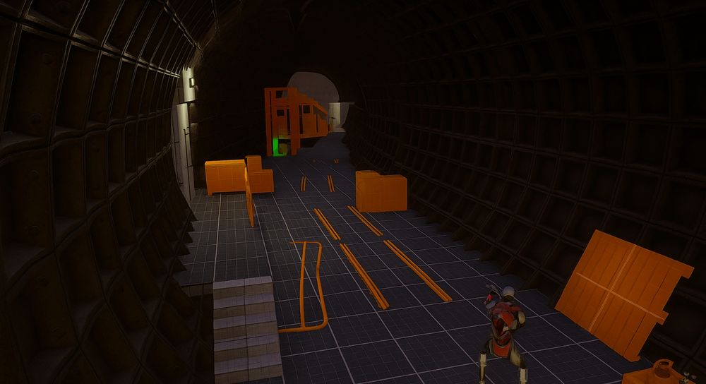 A level blockout showing some leading lines that guide the player toward a goal. 