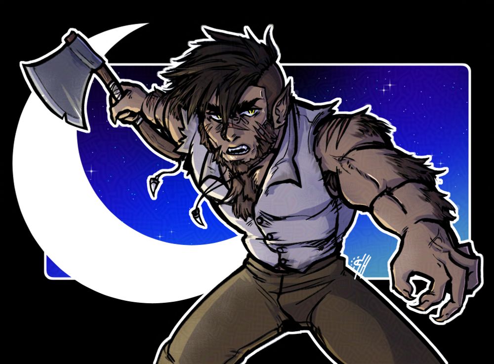 Grimm is a half-lycan with brown hair and furry body. He holds an axe, ready for a swing. He is framed by a crescent moon and night sky.