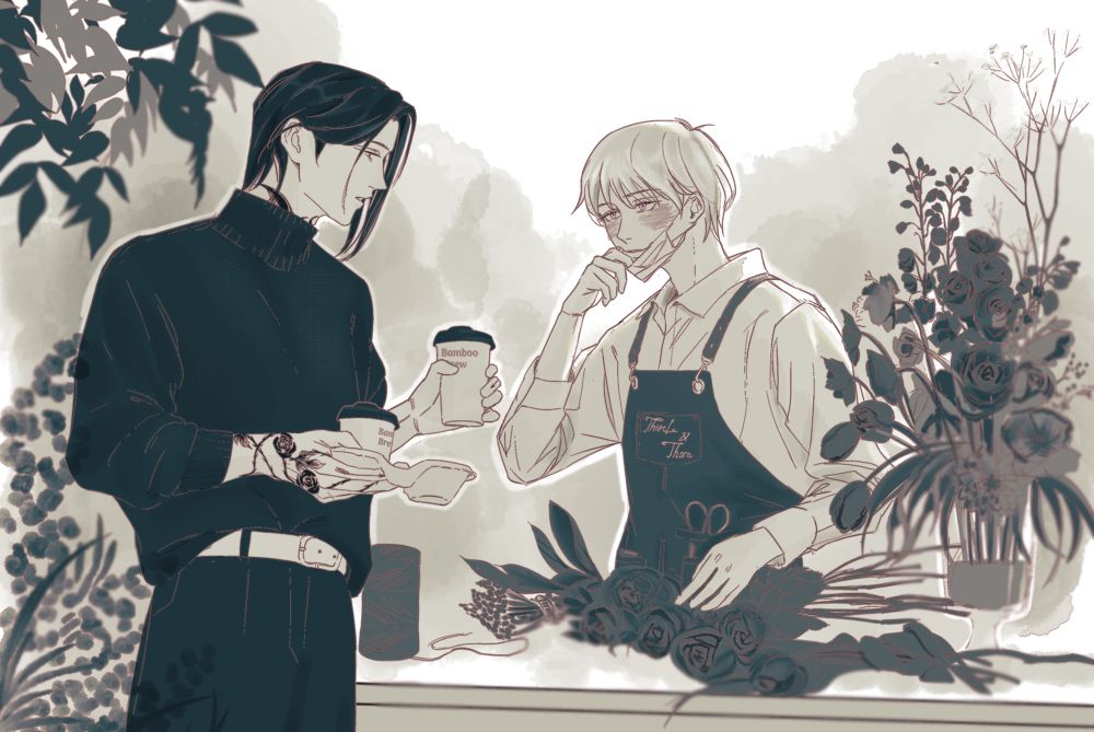 A picture of two person in flower shop setting under the warm morning sunlight. The black haired man is a tattoo artist, Noritoshi Kamo, offering a takeaway coffee to the light haired florist, Inumaki Toge.