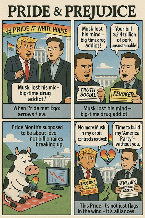 "A four-panel satirical comic titled 'Pride & Prejudice: The Breakup of Trump and Musk.'

Panel 1: Trump (wearing a MAGA-themed rainbow sash) and Musk (with a 'Free Speech' rainbow pin) stand at a Pride-themed White House event. A banner reads '#Pride at the White House.' Trump accuses Musk of betraying his 'Big Beautiful Bill,' while Musk calls it 'unsustainable.' Symbolism: Festive décor contrasts with their crumbling alliance.

Panel 2: Split-screen of Trump posting on Truth Social ('Musk is a drug addict!') and Musk tweeting about '2.4T pork' and Epstein. Caption: 'When Pride met Ego: arrows flew, markets fell.'

Panel 3: A cartoon cow (representing U.S. voters) watches a melting rainbow popsicle and a TV showing crashing stocks. Thought bubble: 'Pride Month’s supposed to be about love… not billionaires breaking up.'

Panel 4: Trump and Musk stand back-to-back, revoking contracts (a 'Taco One Boarding Pass' and 'Starlink Access'). A broken rainbow heart floats between them. Caption: 'This Pride, it’s not just flags in the wind—it’s alliances.'

Tone: Ironic, chaotic, and darkly humorous, critiquing ego-driven politics."