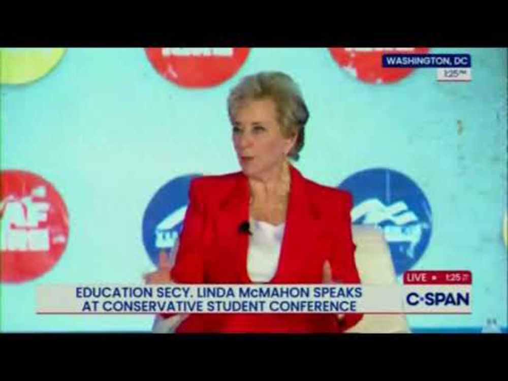 Secretary of Education Linda McMahon heckled by circus music