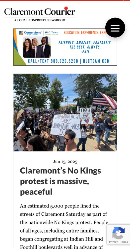 Front page coverage by Claremont Courier of Claremont, CA’s No Kings protests “Claremont’s No Kings protest is massive, peaceful”
