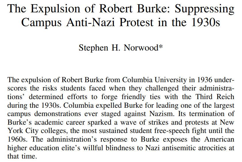 Summary of article about the 1936 expulsion of Columbia student for ANTI-NAZI protest